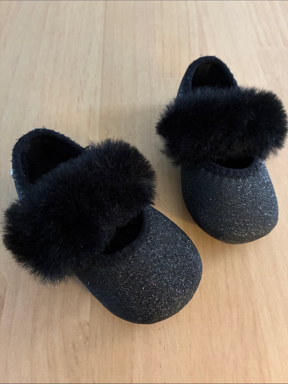 UGG Black Glitter Baby Mary Jane Shoes with Faux Fur Trim